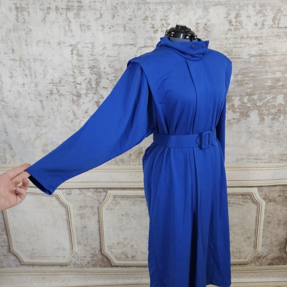 Vintage 80s Avante Garde Blue Dress M VTG 1980s Shirtdress Cobalt Wool Blend - Picture 5 of 11